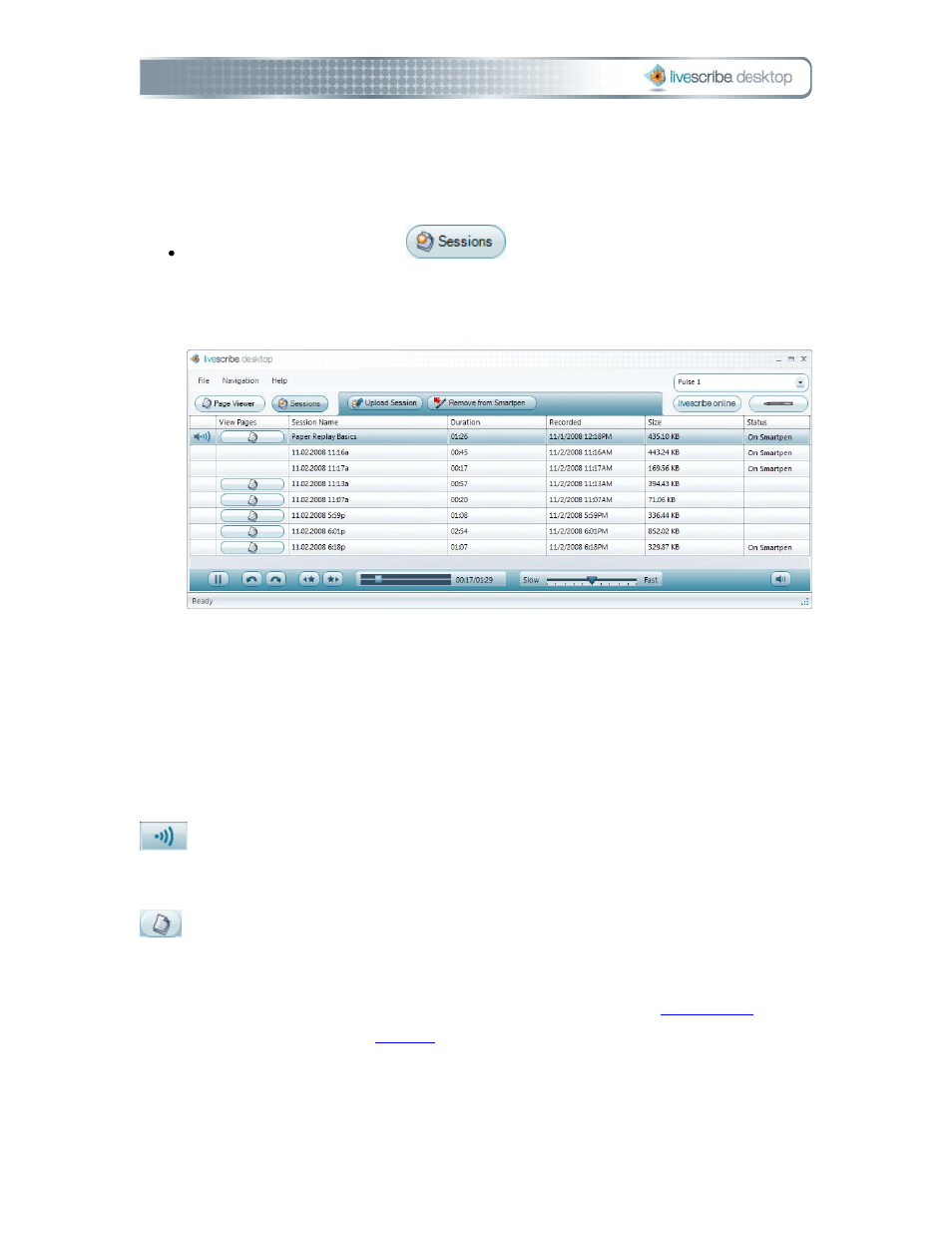 Viewing a list of sessions, To view a list of all paper replay™ sessions, Anatomy of a sessions view list | View a list of all sessions | Livescribe DESKTOP VERSION 1.2 User Manual | Page 45 / 70