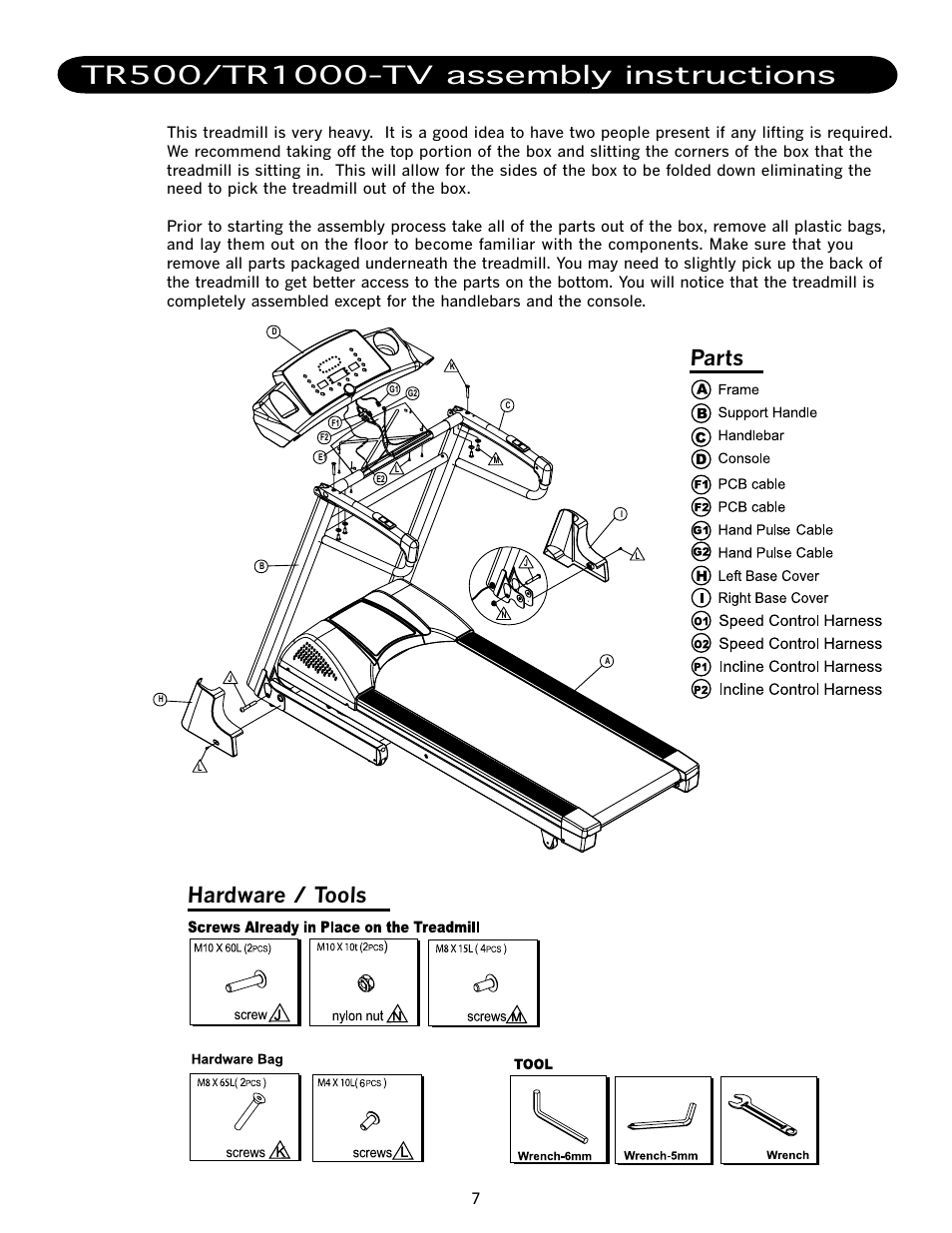 Parts hardware / tools | LifeSpan TR500 User Manual | Page 11 / 28