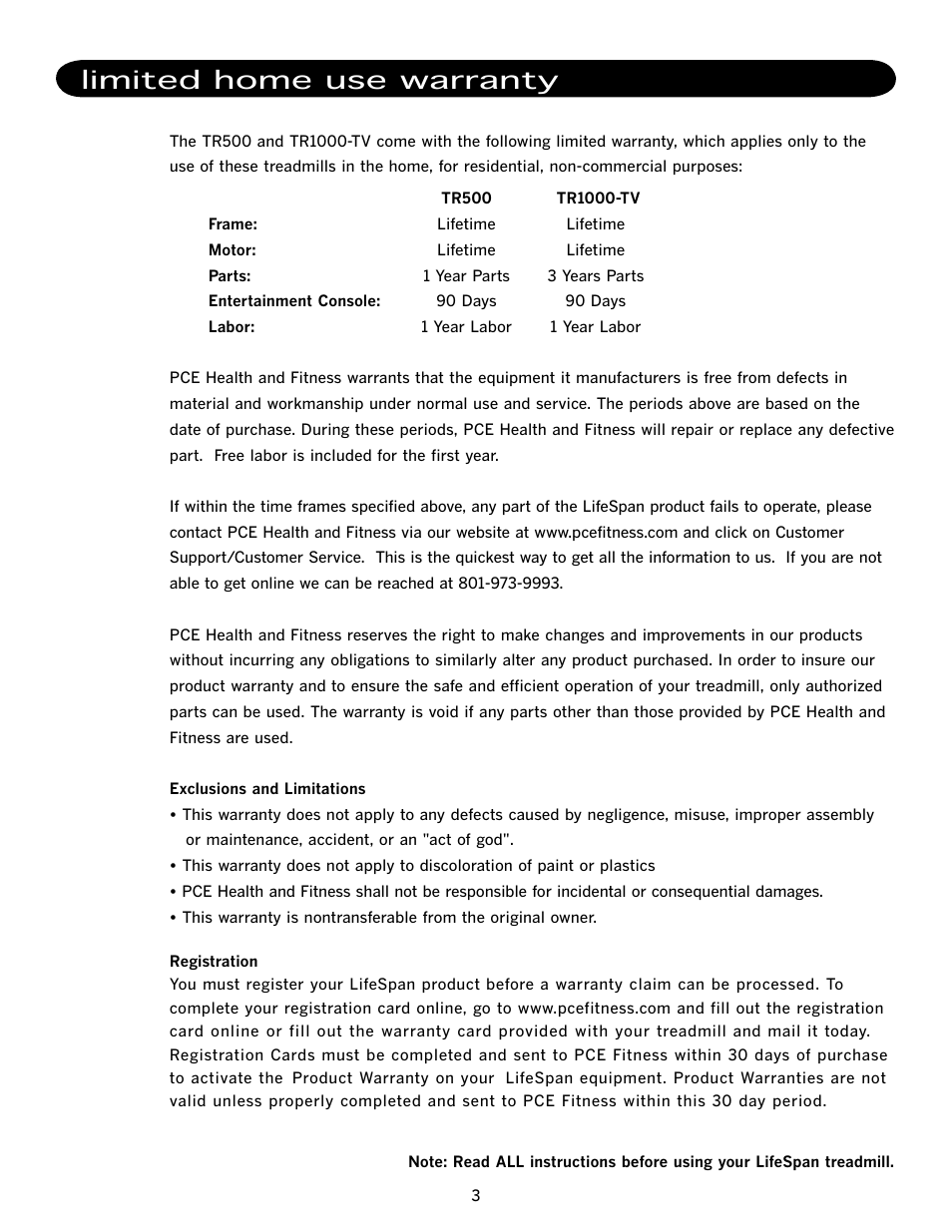 Limited home use warranty | LifeSpan TR500 User Manual | Page 7 / 28
