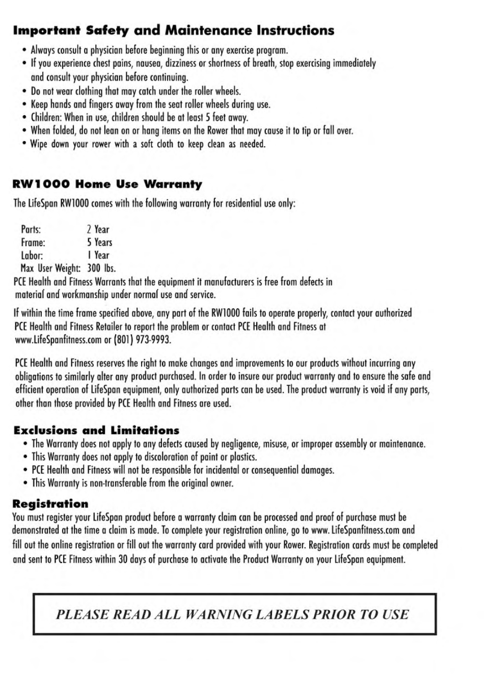 LifeSpan RW1000 User Manual | Page 2 / 8
