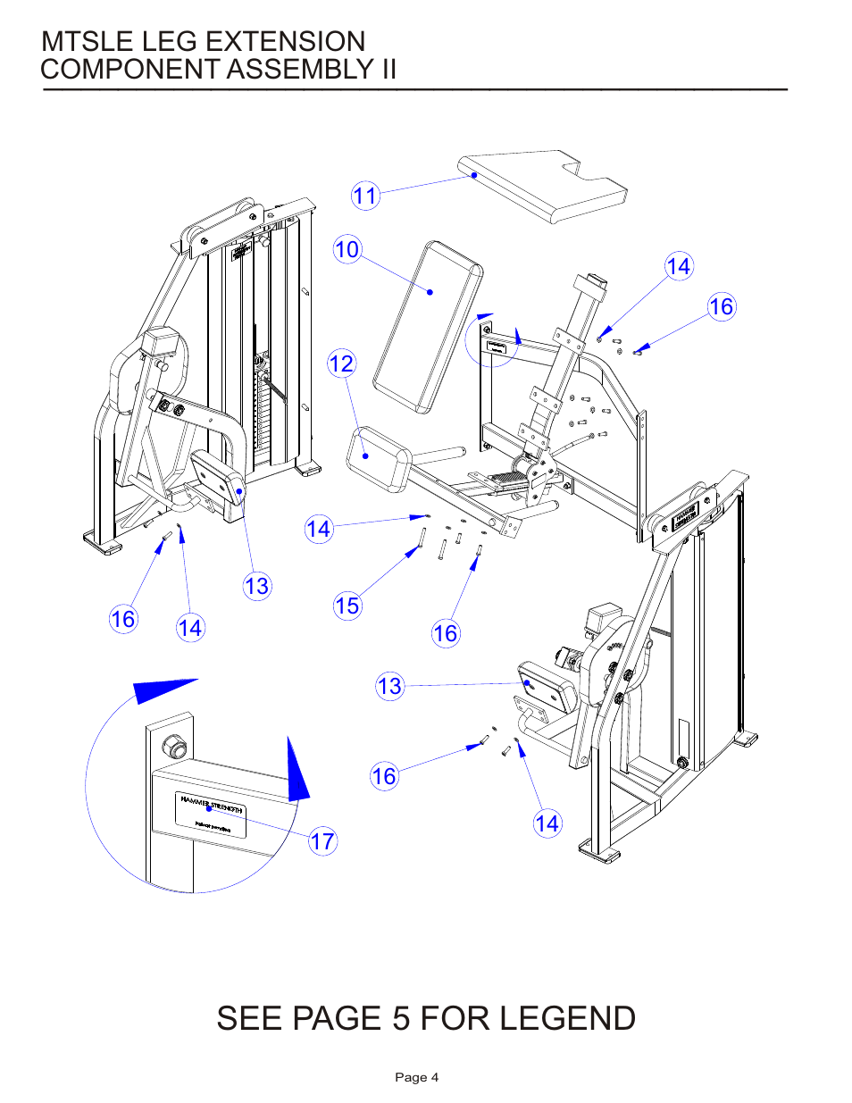 See page 5 for legend, Component assembly ii, Mtsle leg extension | Life Fitness MTSLE User Manual | Page 4 / 18