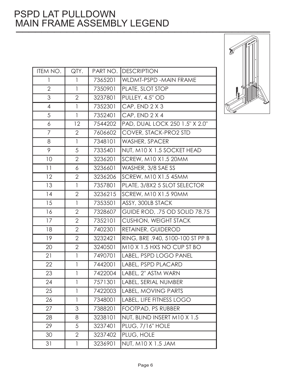 Main frame assembly legend pspd lat pulldown | Life Fitness Pro 2 Series PSPD User Manual | Page 6 / 11