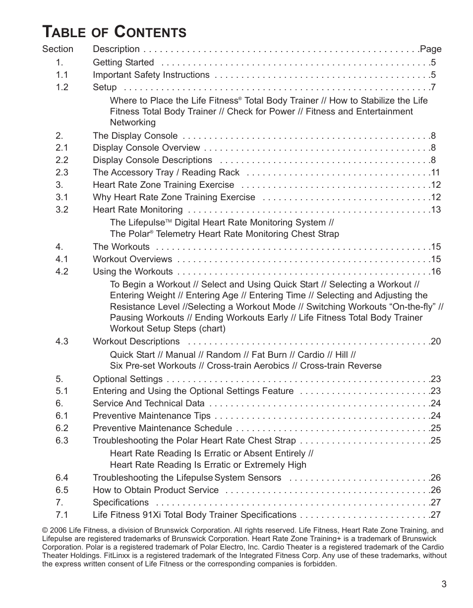 Able of, Ontents | Life Fitness 91Xi User Manual | Page 4 / 83
