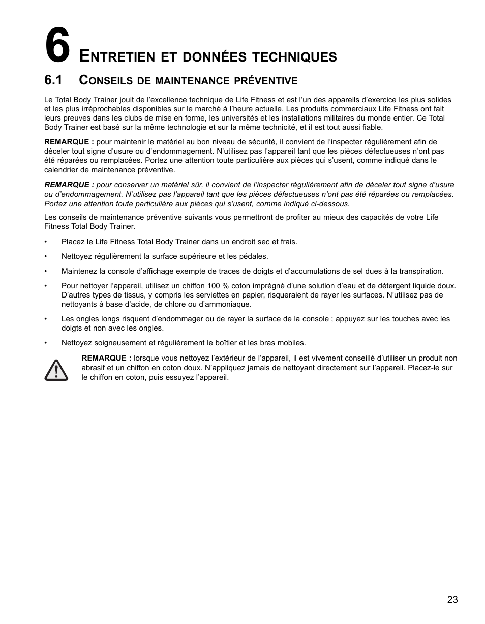 Ntretien et données techniques | Life Fitness 91Xi User Manual | Page 52 / 83