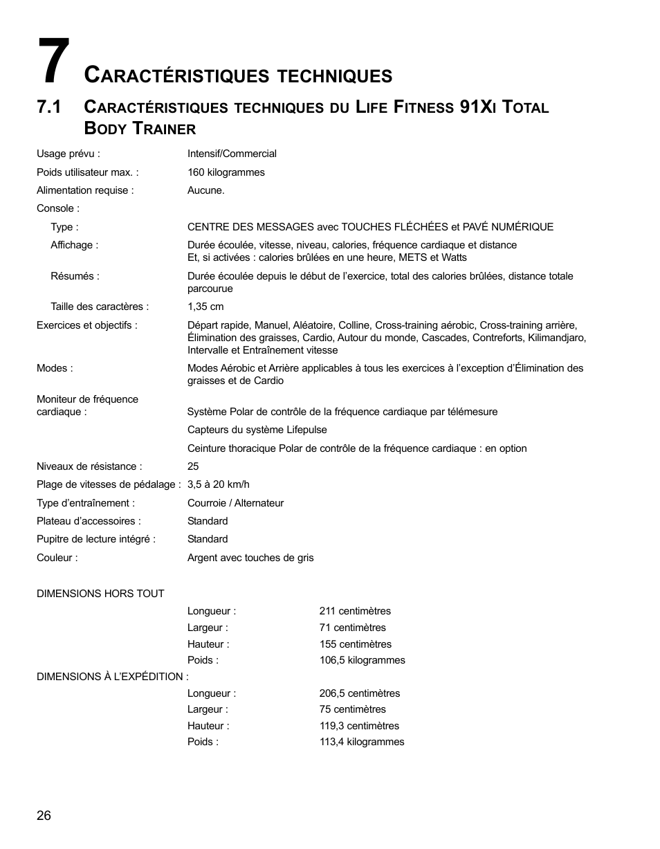 Aractéristiques techniques | Life Fitness 91Xi User Manual | Page 55 / 83