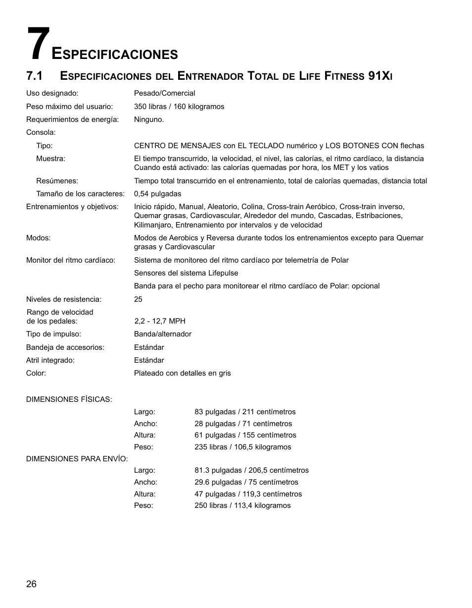 Specificaciones | Life Fitness 91Xi User Manual | Page 82 / 83