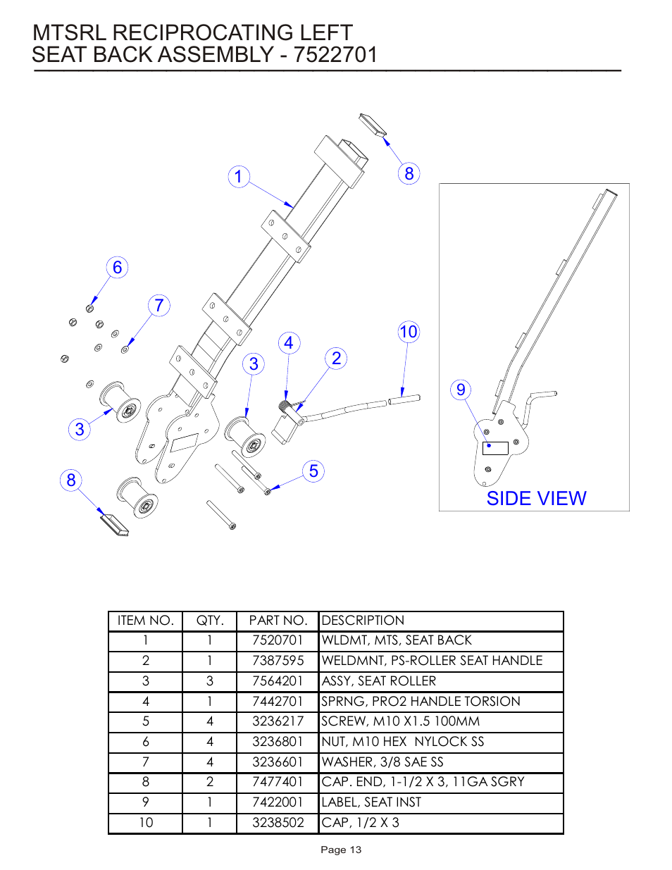 Mtsrl reciprocating left, Side view | Life Fitness MTSRL User Manual | Page 13 / 21