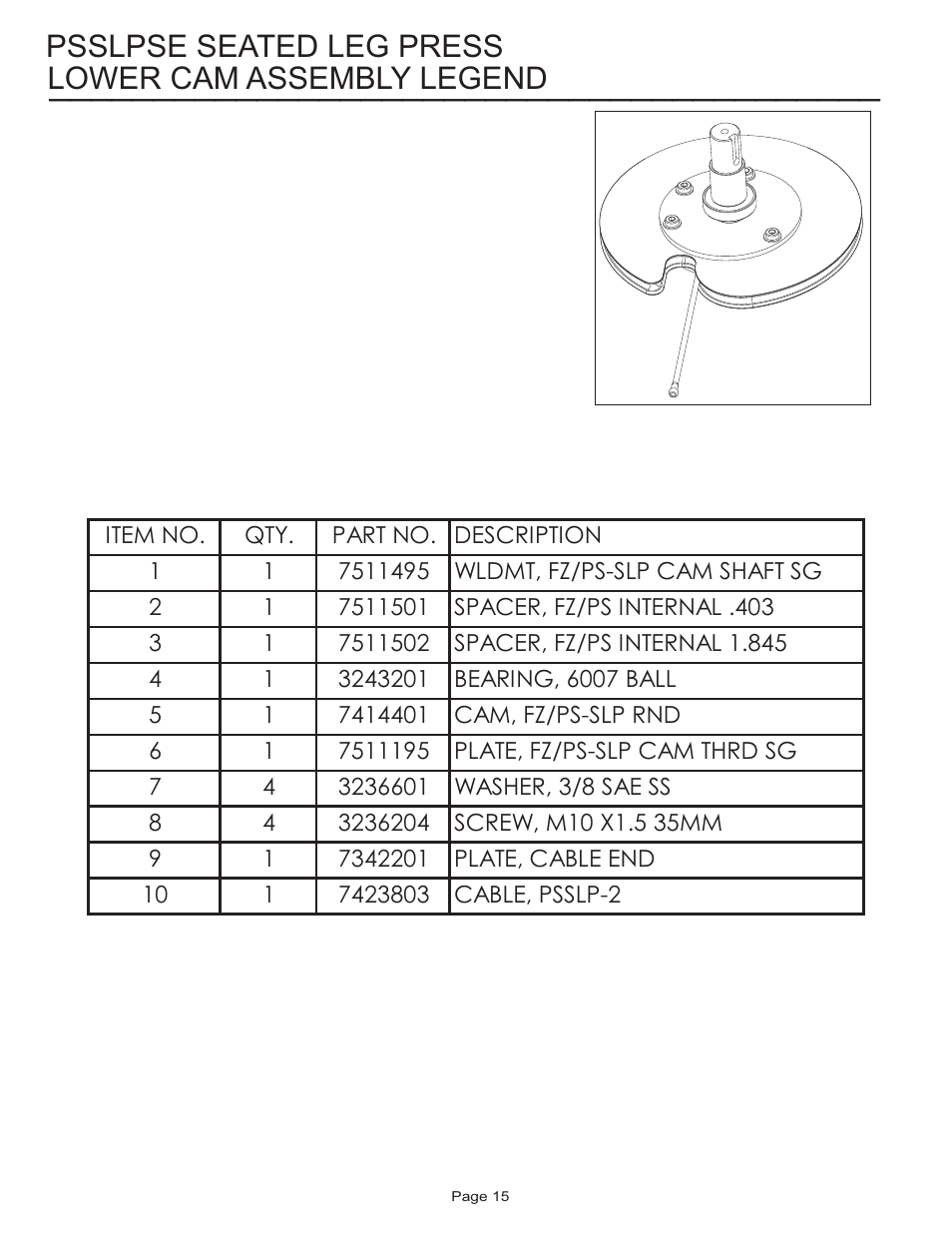 Psslpse seated leg press lower cam assembly legend | Life Fitness Pro 2 Series PSSLPSE User Manual | Page 15 / 22