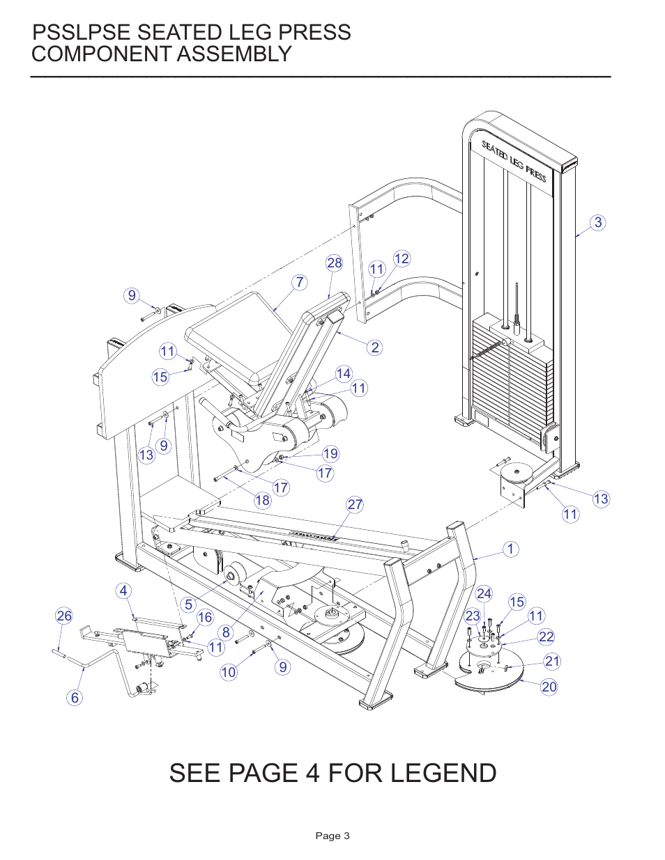 See page 4 for legend, Psslpse seated leg press, Component assembly | Life Fitness Pro 2 Series PSSLPSE User Manual | Page 3 / 22