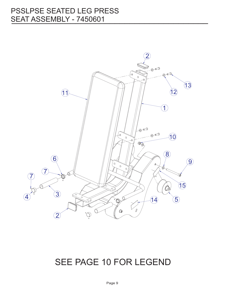 See page 10 for legend, Psslpse seated leg press | Life Fitness Pro 2 Series PSSLPSE User Manual | Page 9 / 22
