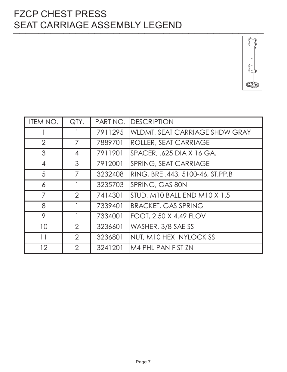 Seat carriage assembly legend fzcp chest press | Life Fitness FZCP User Manual | Page 7 / 17