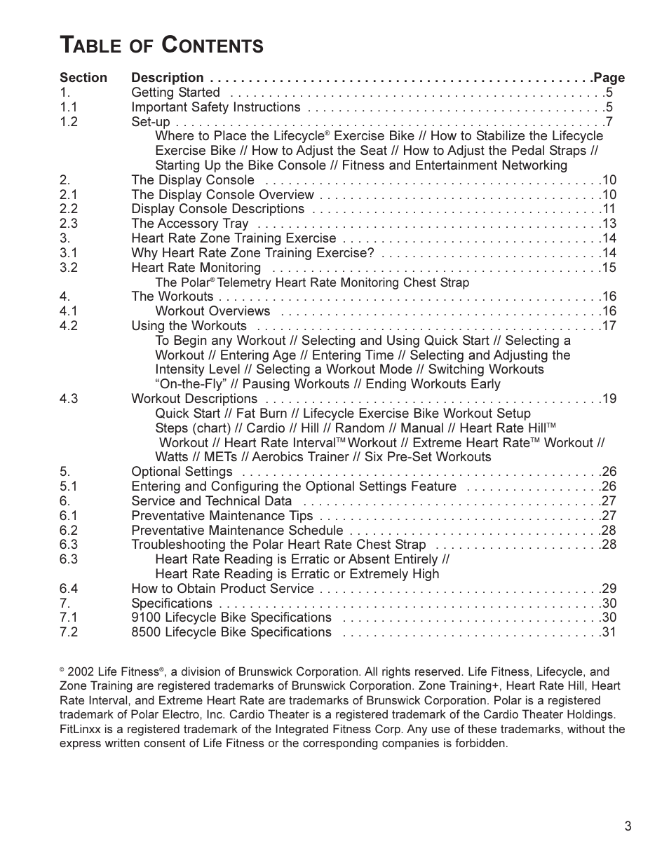 Able of, Ontents | Life Fitness 9100 User Manual | Page 4 / 32