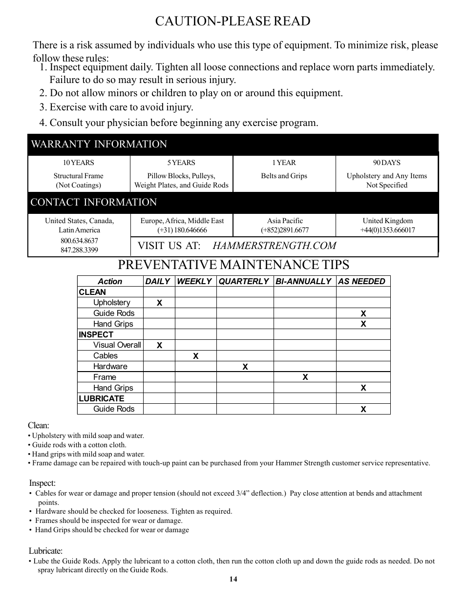 Preventative maintenance tips, Caution-please read, Warranty information contact information | Life Fitness OHDCR User Manual | Page 14 / 14