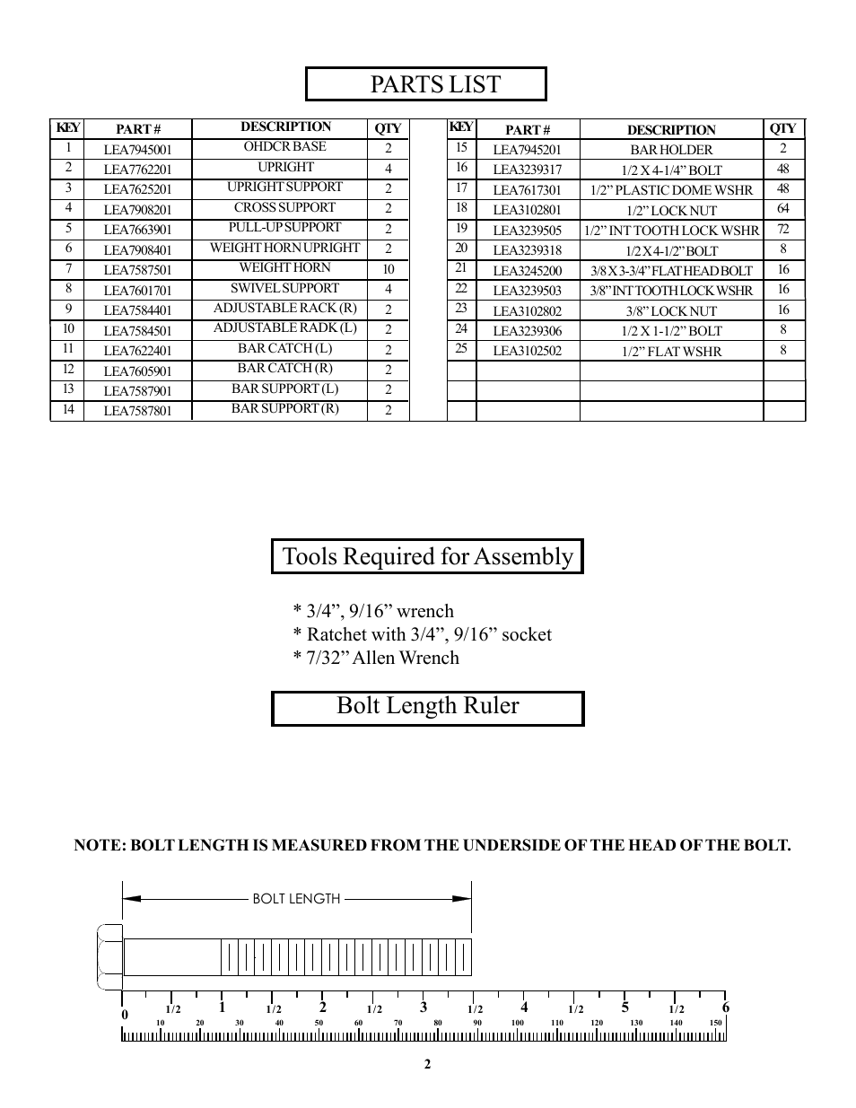 Parts list, Tools required for assembly, Bolt length ruler | Life Fitness OHDCR User Manual | Page 2 / 14