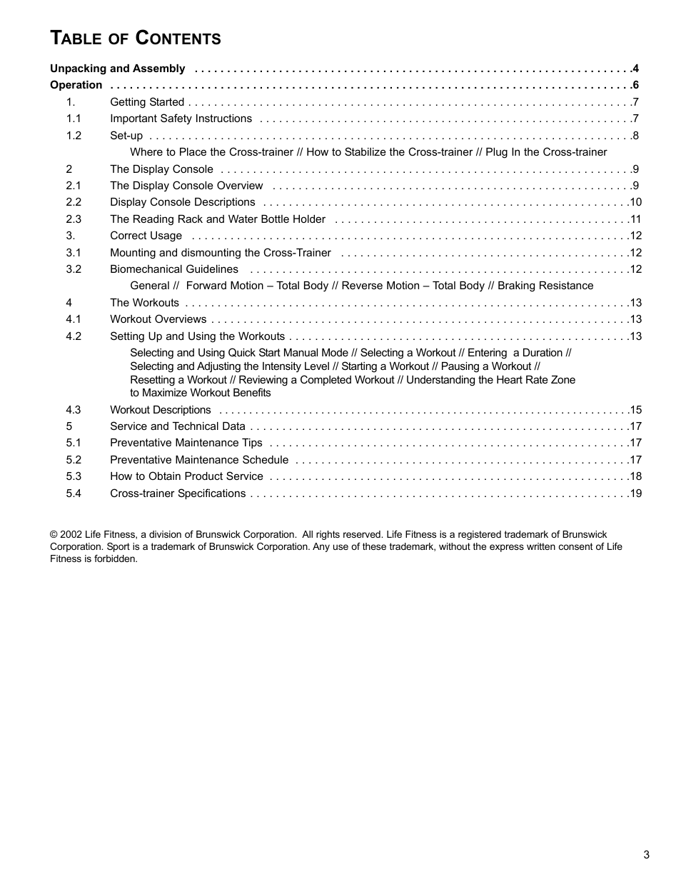 Able of, Ontents | Life Fitness SX30 User Manual | Page 4 / 20