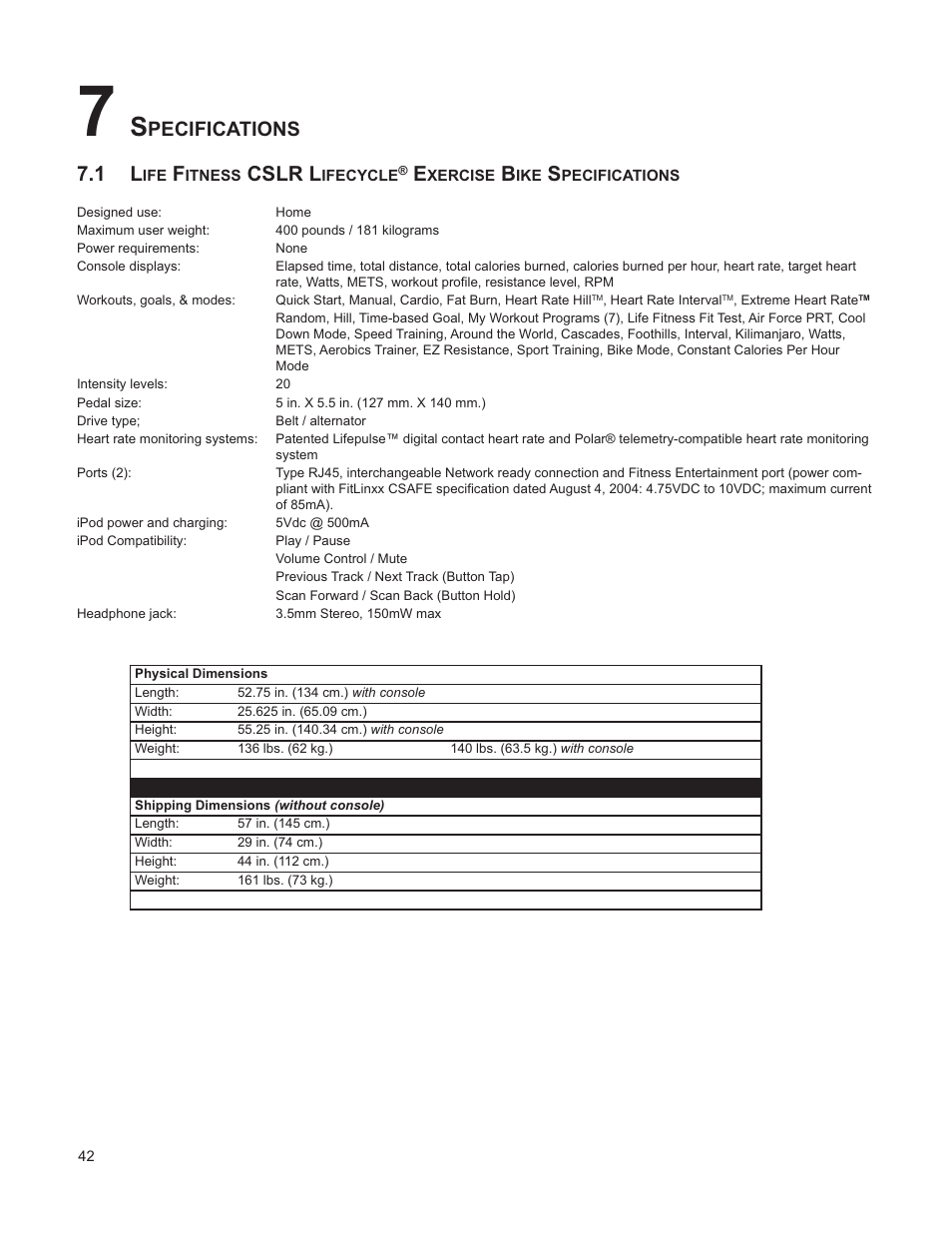 Cslr l, Pecifications | Life Fitness CLUB SERIES RECUMBENT LIFECYCLE M051-00K39-A196 User Manual | Page 43 / 44