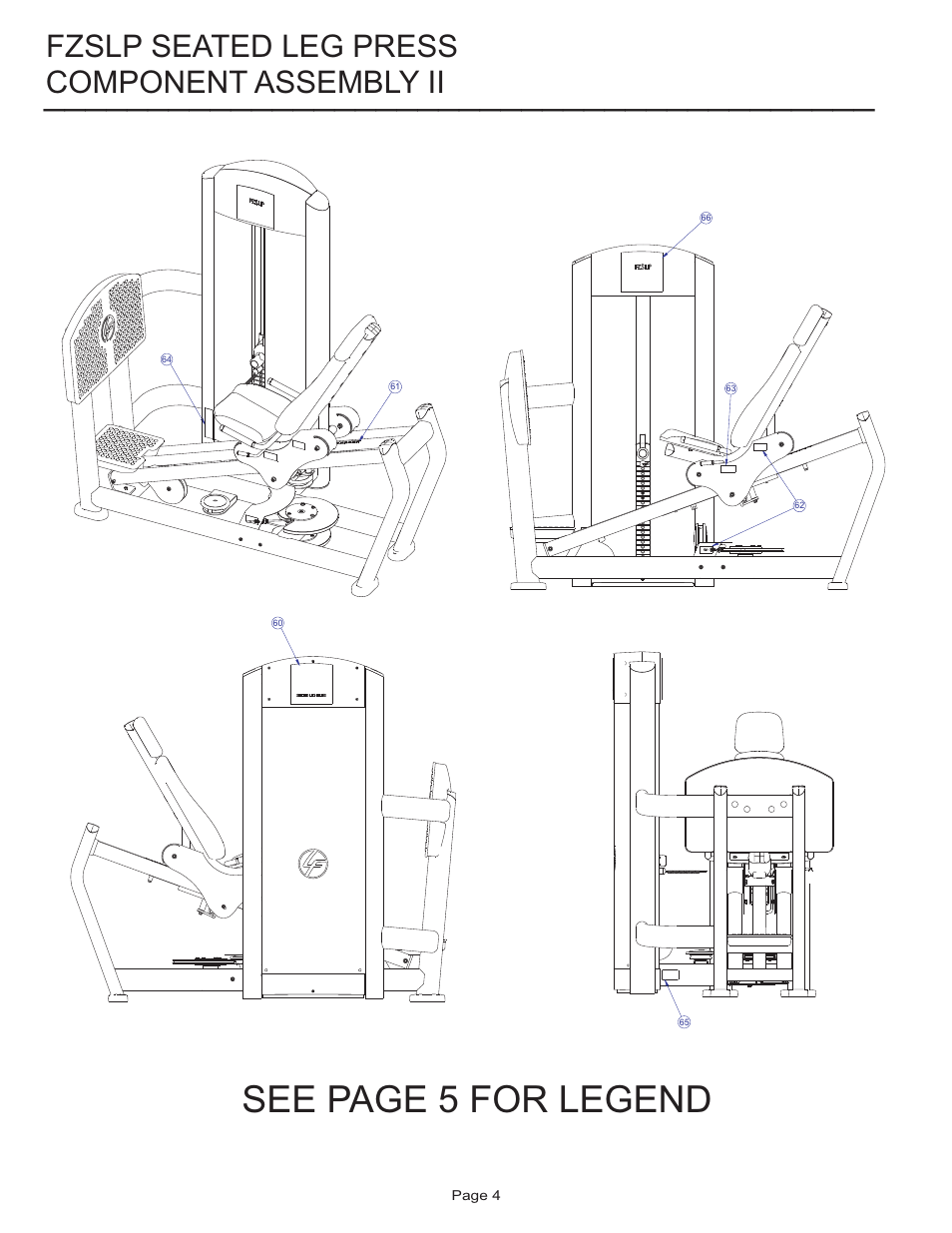 See page 5 for legend, Component assembly ii, Fzslp seated leg press | Life Fitness FZSLP User Manual | Page 4 / 18