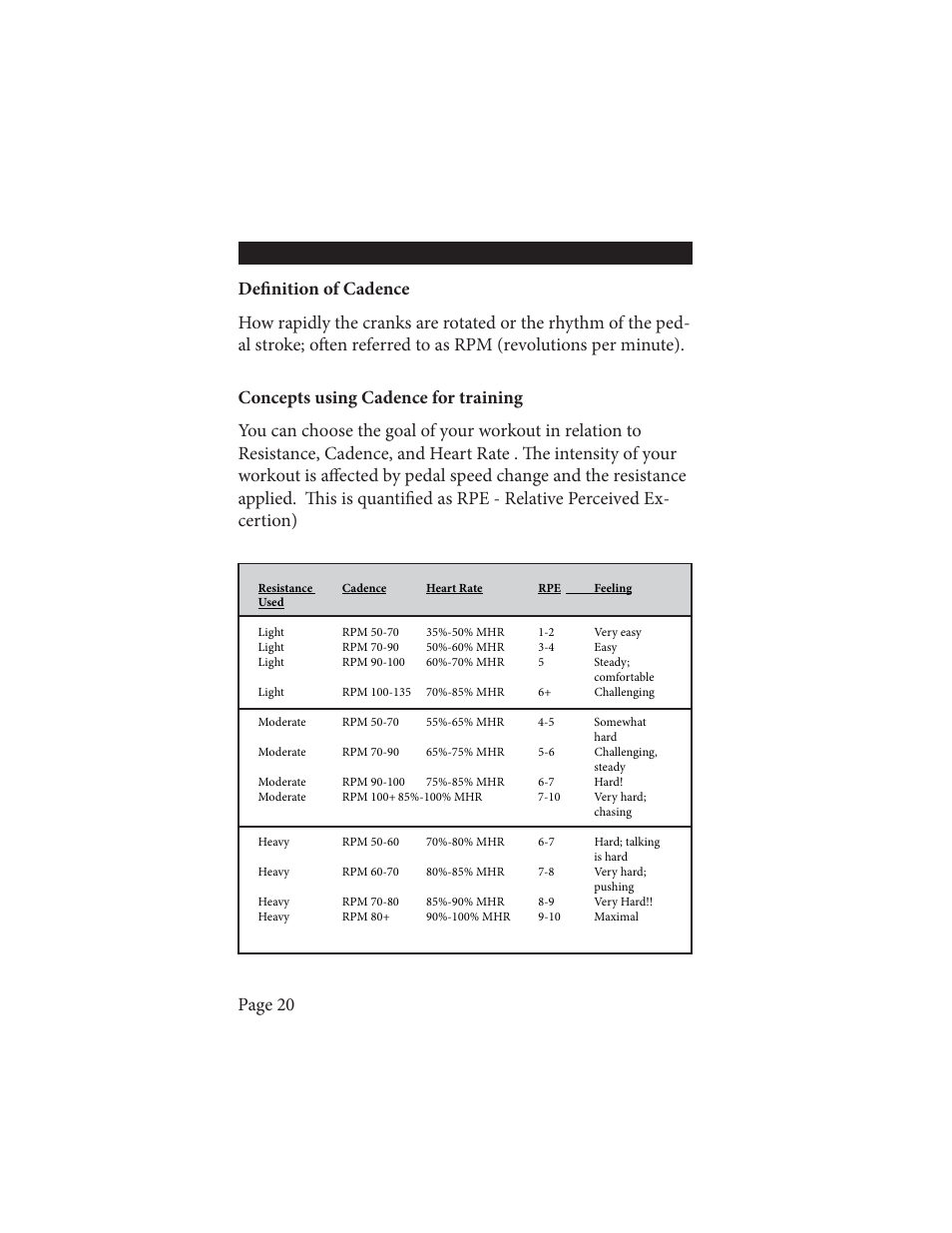 Cadence training, Page 20 | Life Fitness Wireless Cadence Meter Pilot II User Manual | Page 20 / 28