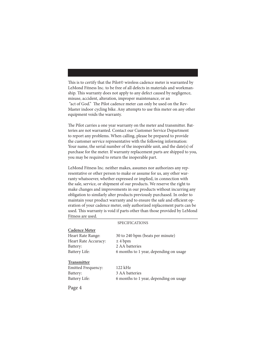 Warranty | Life Fitness Wireless Cadence Meter Pilot II User Manual | Page 4 / 28