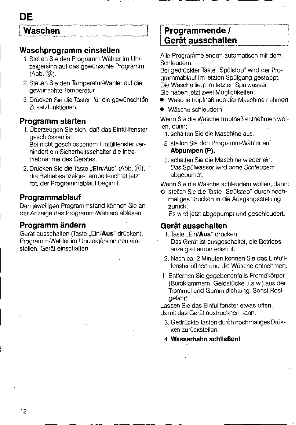 Waschen, Waschprogramm einstellen, Programm starten | Programmablauf, Programm ändern, Programmende / gerät ausschalten, Gerät ausschalten | Bosch WFB 1002 User Manual | Page 10 / 73