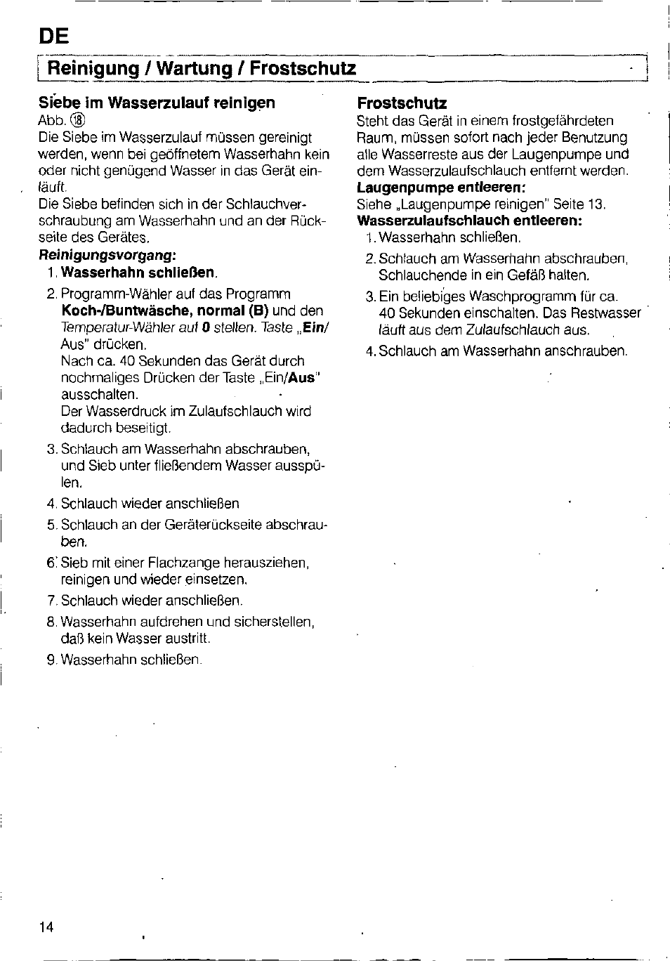 Reinigung / wartung / frostschutz, Siebe im wasserzulauf reinigen, Frostschutz | Bosch WFB 1002 User Manual | Page 12 / 73