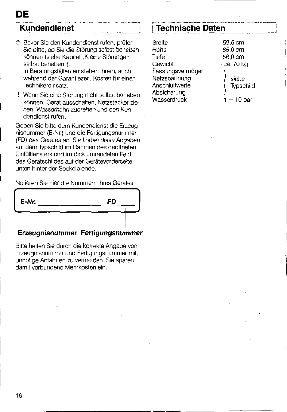 Kundendienst, Erzeugnisnummer fertigungsnummer, J^^hnjsche paten | Bosch WFB 1002 User Manual | Page 14 / 73