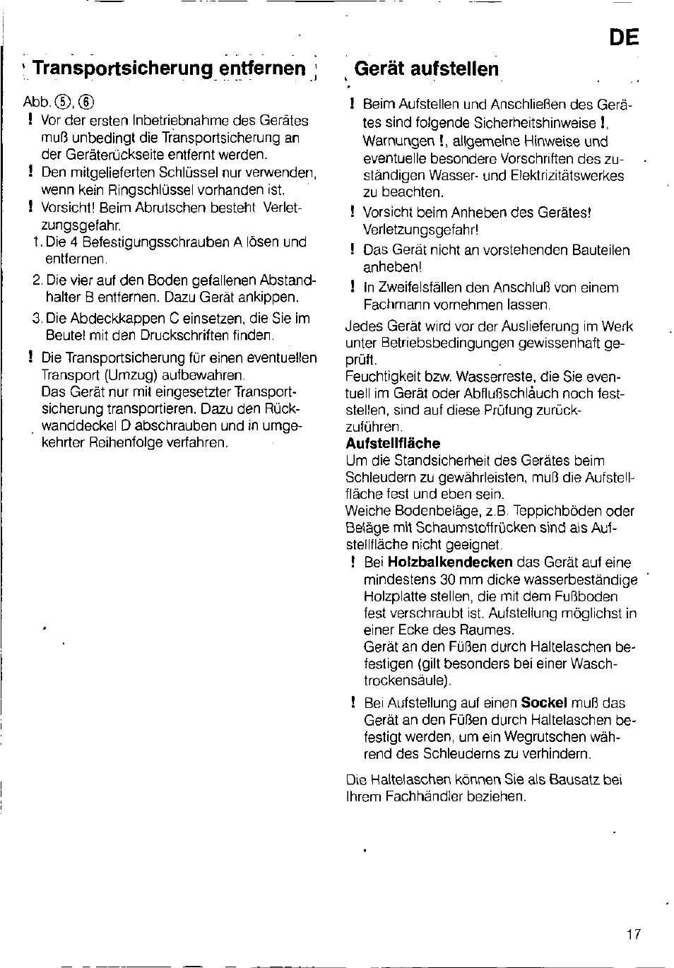 Transportsicherung entfernen ; gerät aufstellen | Bosch WFB 1002 User Manual | Page 15 / 73