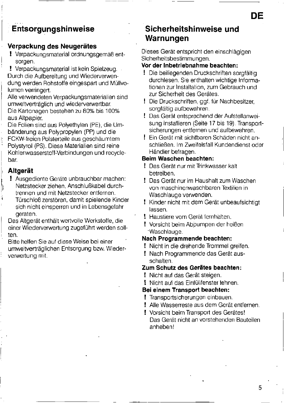 Entsorgungshinweise, Verpackung des neugerätes, Altgerät | Sicherheitshinweise und warnungen | Bosch WFB 1002 User Manual | Page 3 / 73