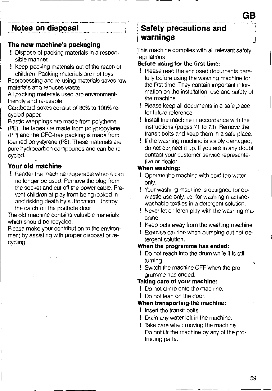 Notes on disposal, The new machine's packaging, Your old machine | Safety precautions and warnings, Your new machine's packaging | Bosch WFB 1002 User Manual | Page 57 / 73