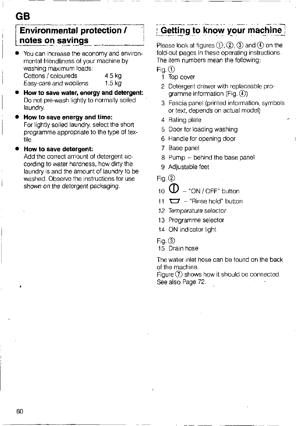 Environmental protection / notes on savings, Your new washing, I getting to know your machin | Bosch WFB 1002 User Manual | Page 58 / 73