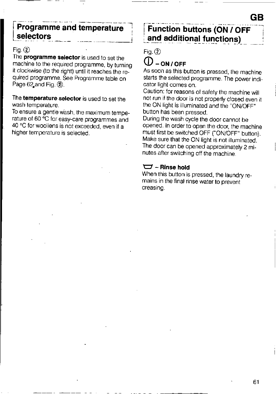 Programme and temperature selectors | Bosch WFB 1002 User Manual | Page 59 / 73