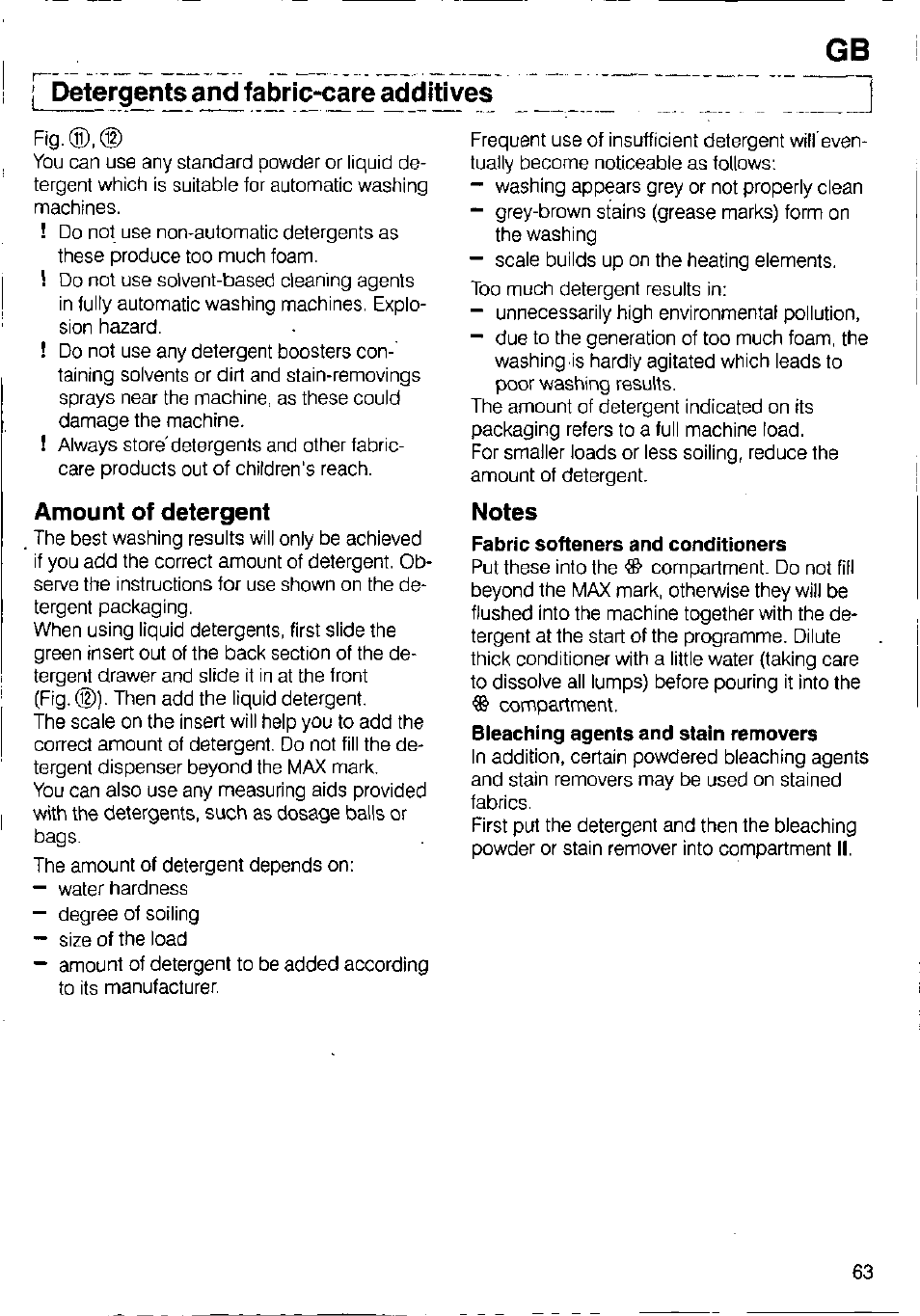 Detergents and fabric-care additives, Amount of detergent, Notes | Bosch WFB 1002 User Manual | Page 61 / 73