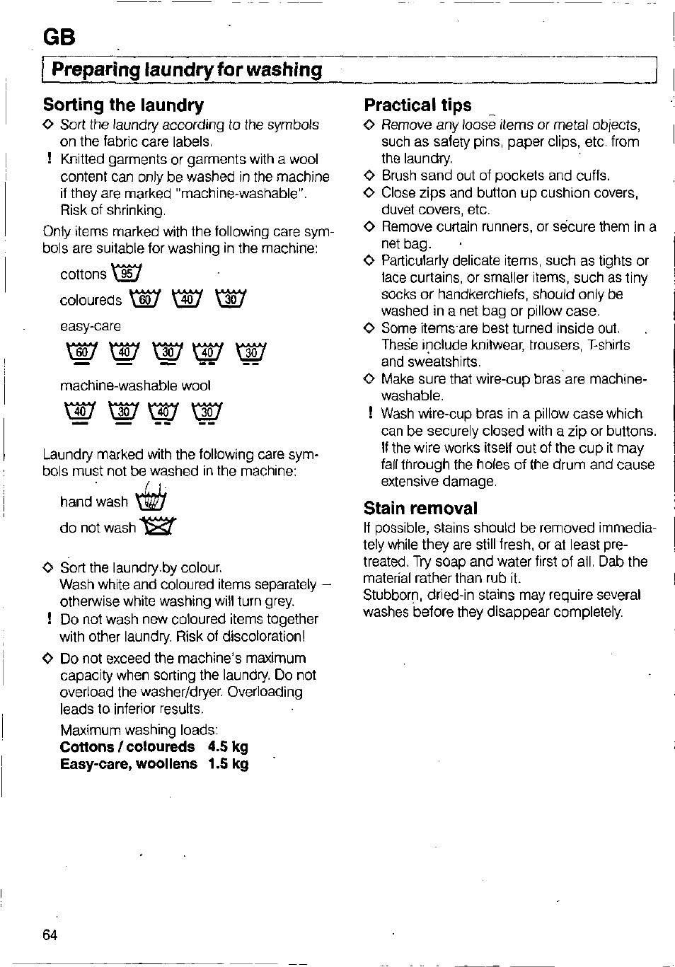 Preparing laundry for washing, Sorting the laundry, Practical tips | Stain removal, Хш ш хш ш ш | Bosch WFB 1002 User Manual | Page 62 / 73