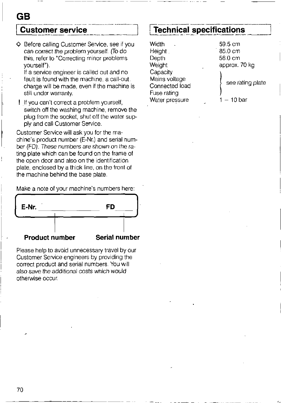 J [technical specifications, Customer service __j [technical specifications, E-nr. fd product number serial nu mber | Bosch WFB 1002 User Manual | Page 68 / 73