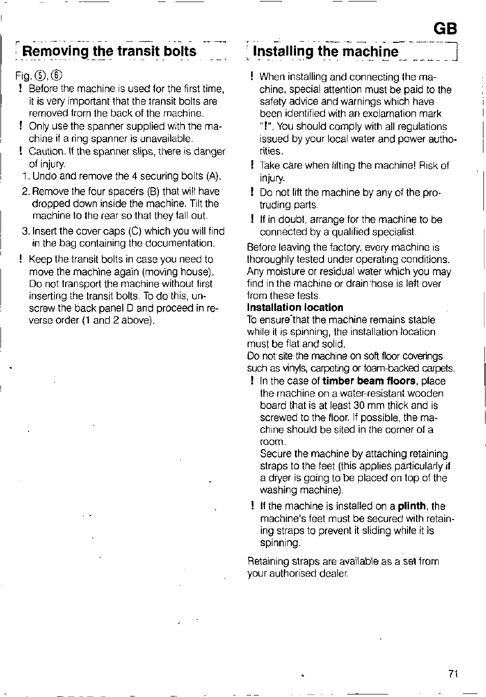 I removing the transit bolts, Installing the machine, Installation | Removing the transit bolts | Bosch WFB 1002 User Manual | Page 69 / 73