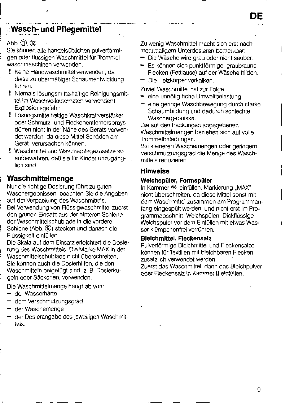 Wasch-und pflegemittet, Waschmittelmenge, Hinweise | Bosch WFB 1002 User Manual | Page 7 / 73