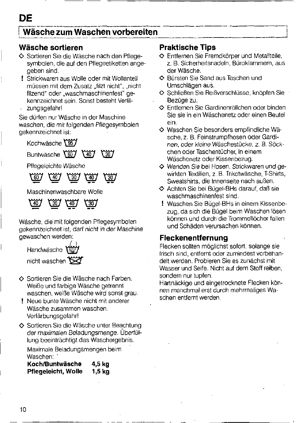 Wäsche zum waschen vorbereiten, Wäsche sortieren, Praktische tips | Fleckenentfernung | Bosch WFB 1002 User Manual | Page 8 / 73