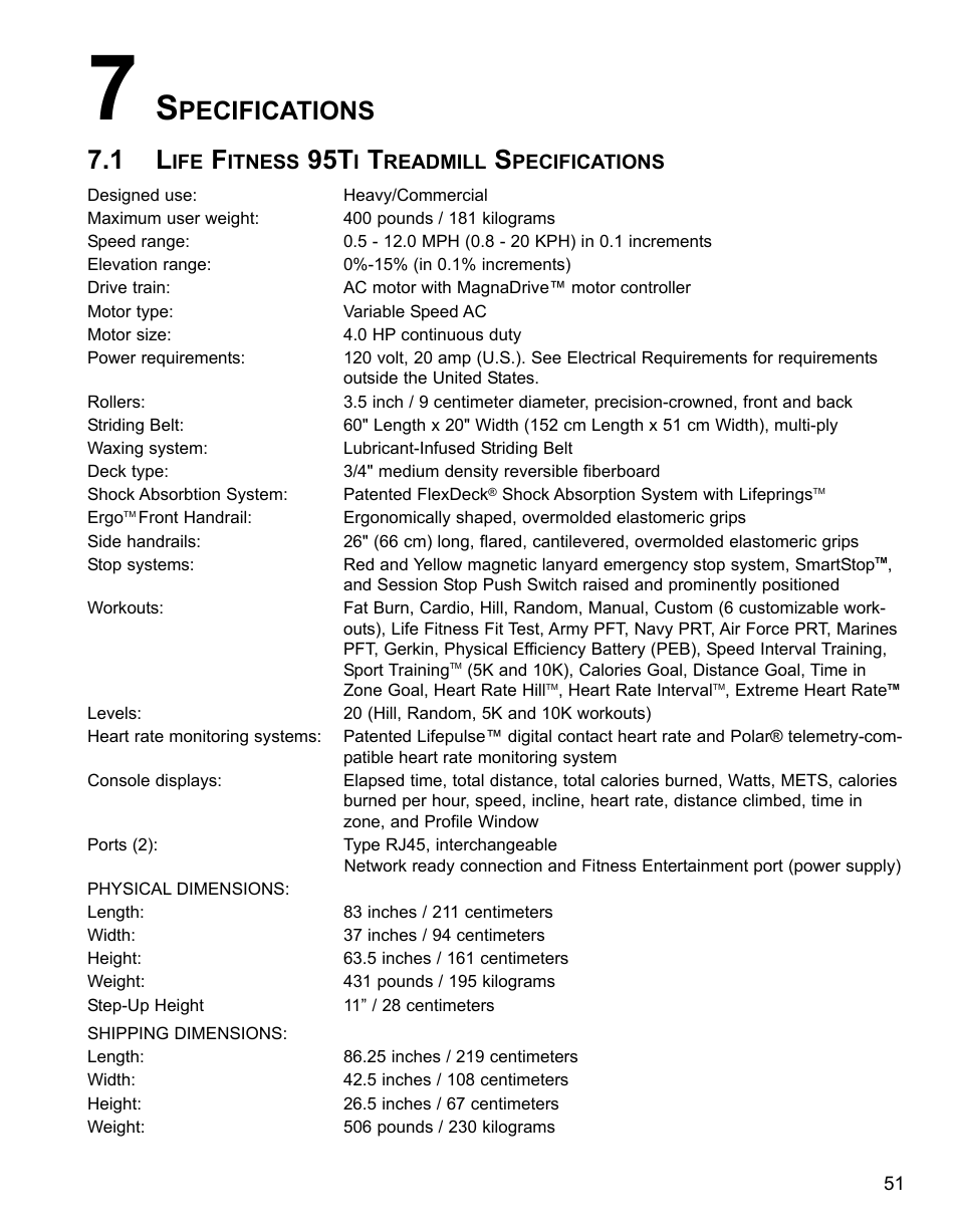 Pecifications | Life Fitness 95Ti User Manual | Page 52 / 54