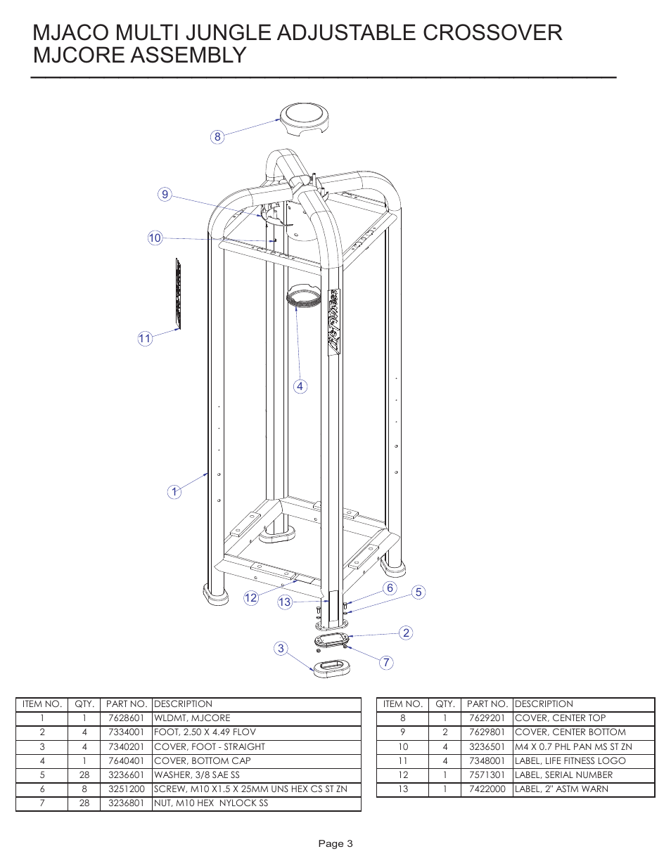 Mjcore assembly, Mjaco multi jungle adjustable crossover | Life Fitness MJACO User Manual | Page 3 / 14