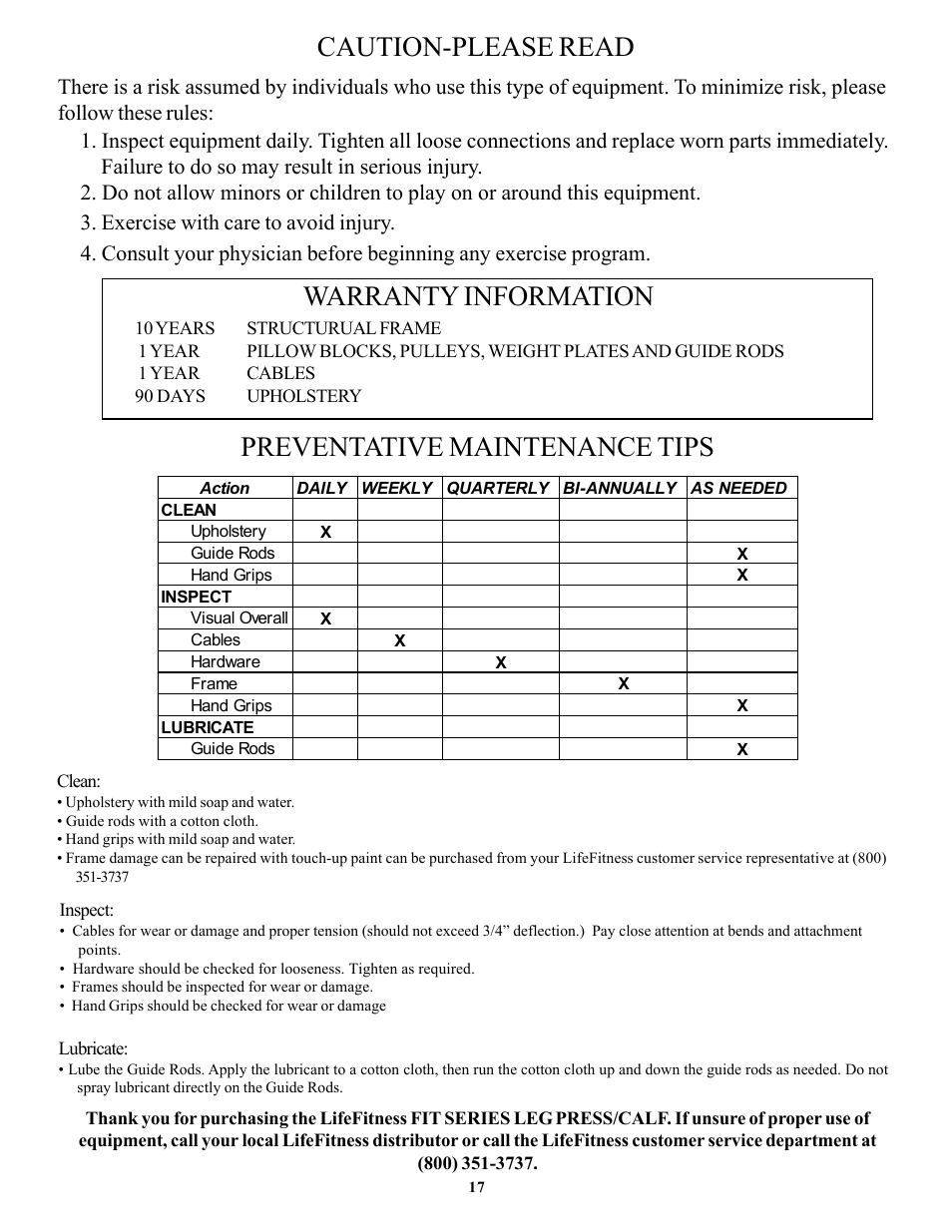 Preventative maintenance tips, Caution-please read, Warranty information | Life Fitness FIT SERIES User Manual | Page 17 / 17