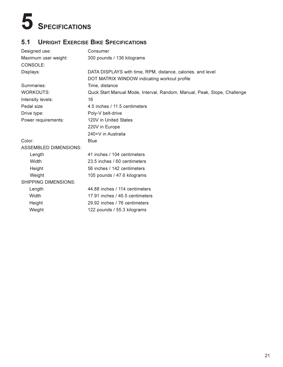 Pecifications 5.1 u | Life Fitness UT4 User Manual | Page 22 / 23