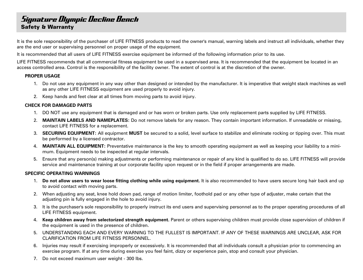 Signature olympic decline bench | Life Fitness Olympic Decline Bench User Manual | Page 2 / 8