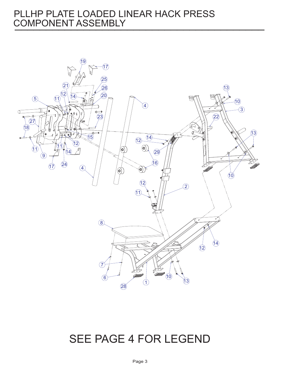 See page 4 for legend, Component assembly, Pllhp plate loaded linear hack press | Life Fitness PLLHP User Manual | Page 3 / 11