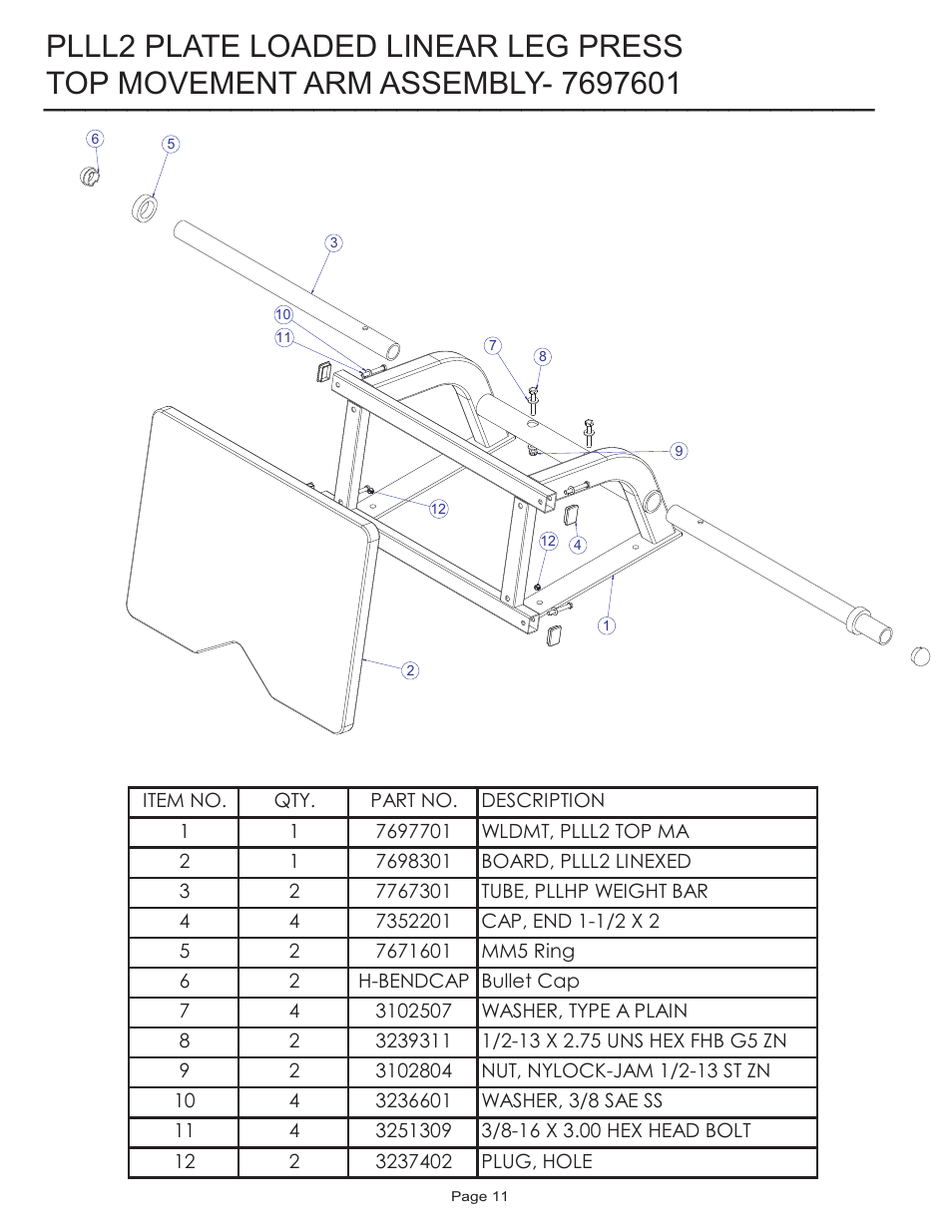 Plll2 plate loaded linear leg press | Life Fitness PLLL2 User Manual | Page 11 / 14