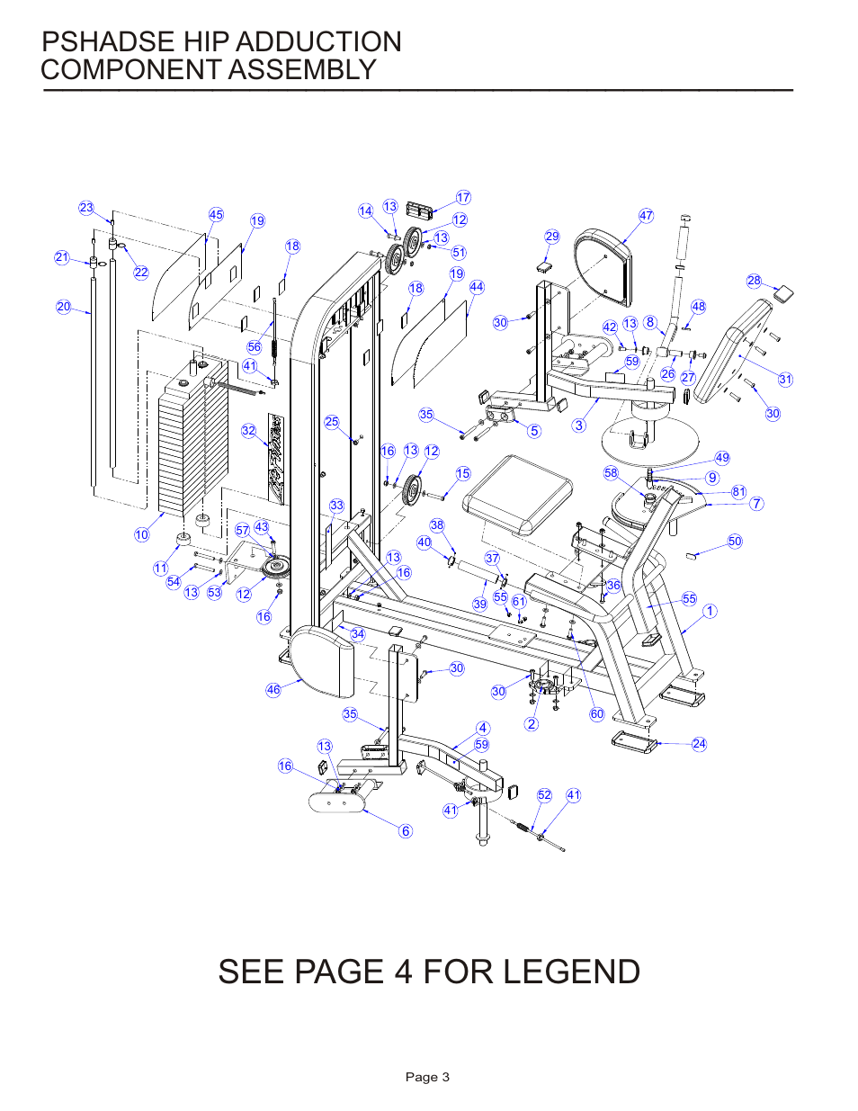 See page 4 for legend, Component assembly, Pshadse hip adduction | Life Fitness PSHADSE User Manual | Page 3 / 10