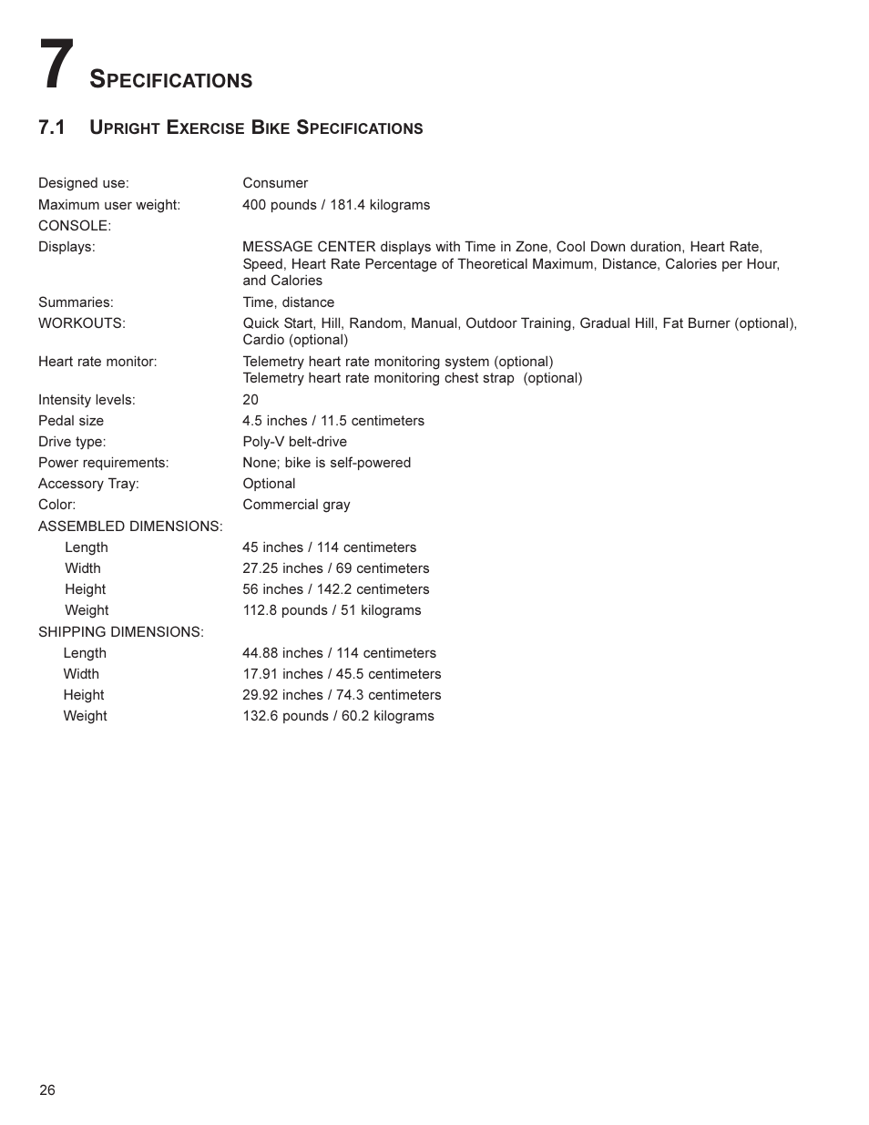 Pecifications 7.1 u | Life Fitness CR300 User Manual | Page 27 / 28