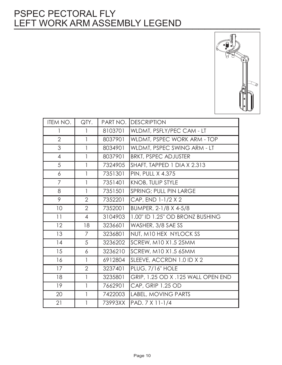 Left work arm assembly legend, Pspec pectoral fly | Life Fitness Pro 2 Series PSPEC User Manual | Page 10 / 15