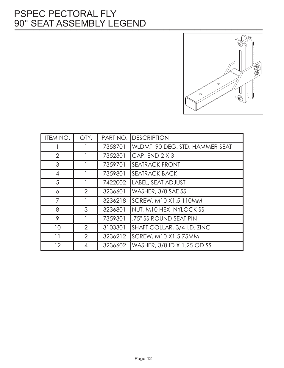 90° seat assembly legend pspec pectoral fly | Life Fitness Pro 2 Series PSPEC User Manual | Page 12 / 15