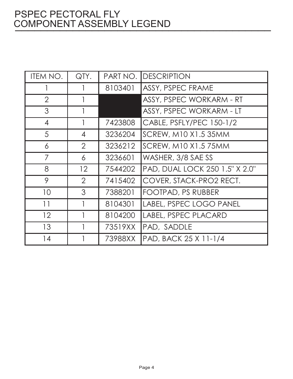 Component assembly legend, Pspec pectoral fly | Life Fitness Pro 2 Series PSPEC User Manual | Page 4 / 15