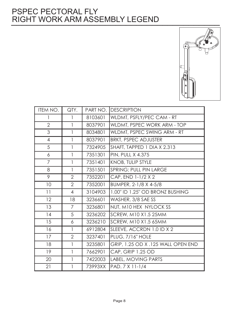 Right work arm assembly legend, Pspec pectoral fly | Life Fitness Pro 2 Series PSPEC User Manual | Page 8 / 15